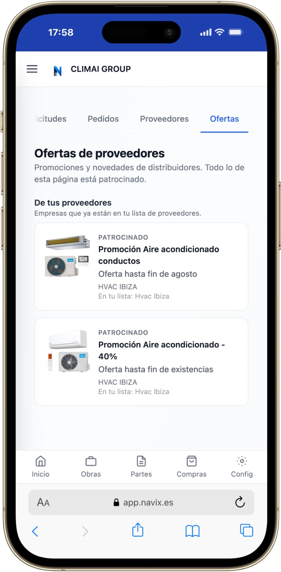 Ofertas de proveedores dentro de Navix — en el móvil