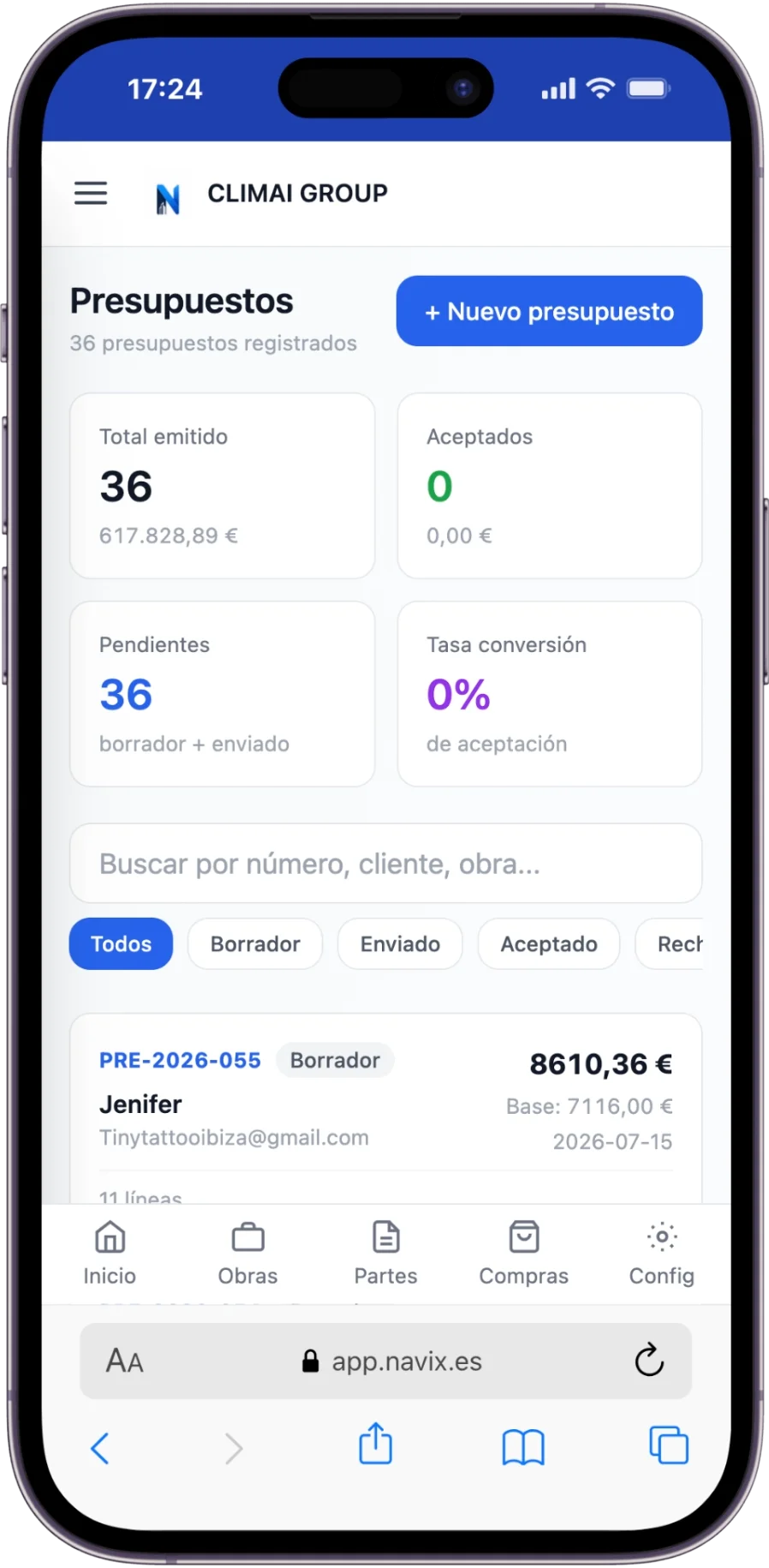 Un presupuesto por partidas, desde el móvil — en el móvil