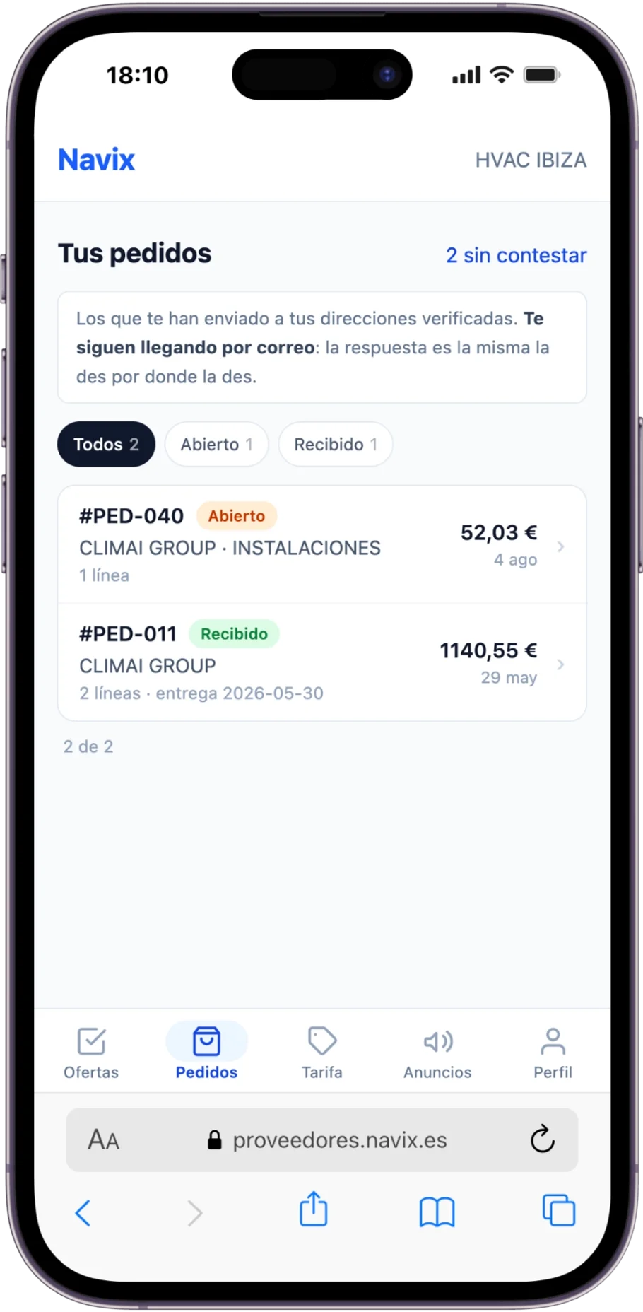 Portal del proveedor — Sus pedidos